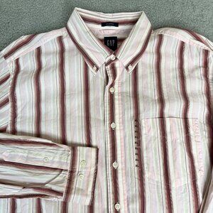 Gap Button Up Shirt Mens XL Striped Pink & Red Classic Cotton Long Sleeve Preppy